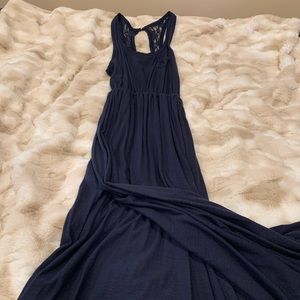 Dark navy blue knit lace dress with slit